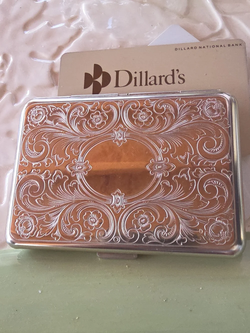Vintage Embossed German  Silver Toned  Decorative Scrolled Card Case Snap Close